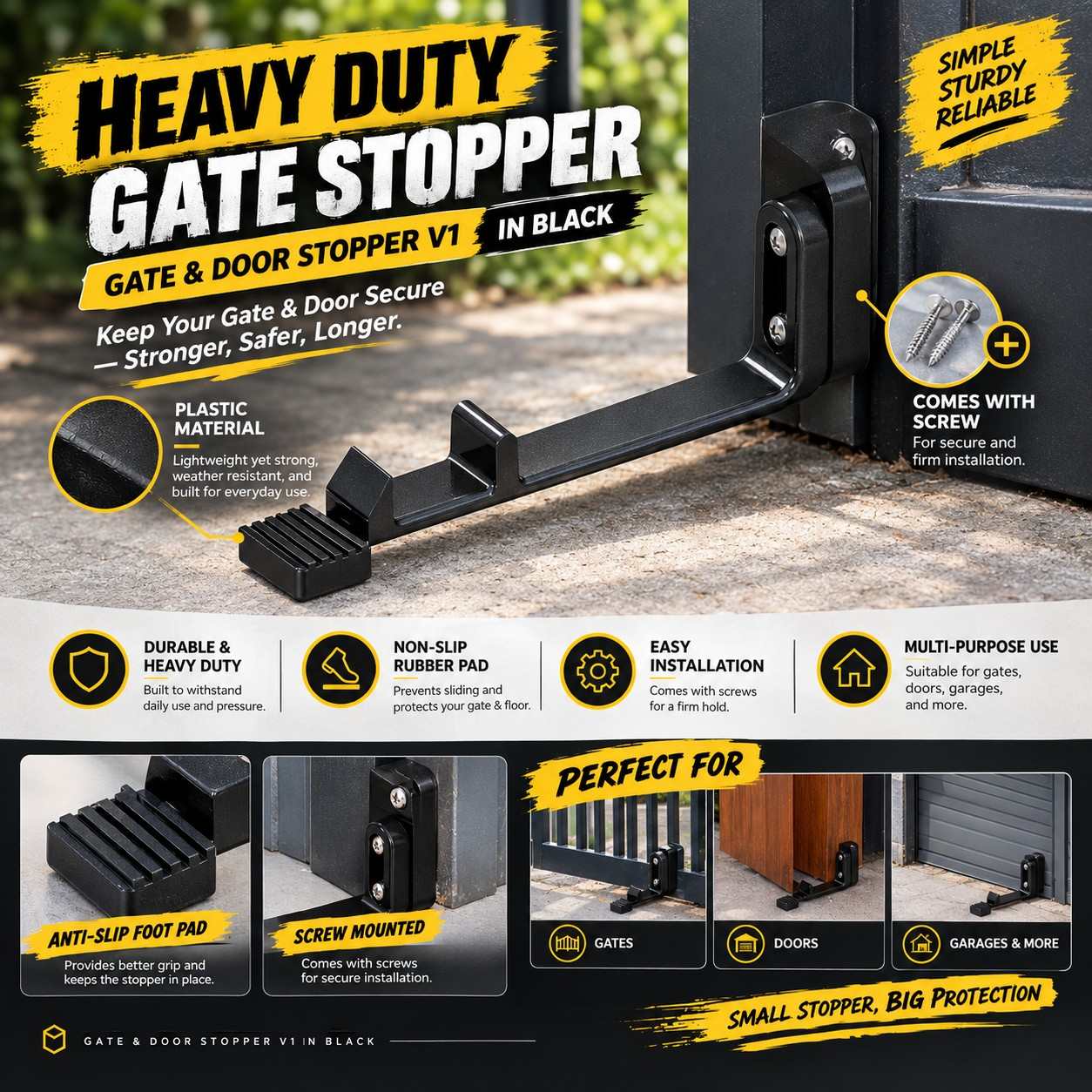 Heavy Duty Gate & Door Stopper V1 in Black